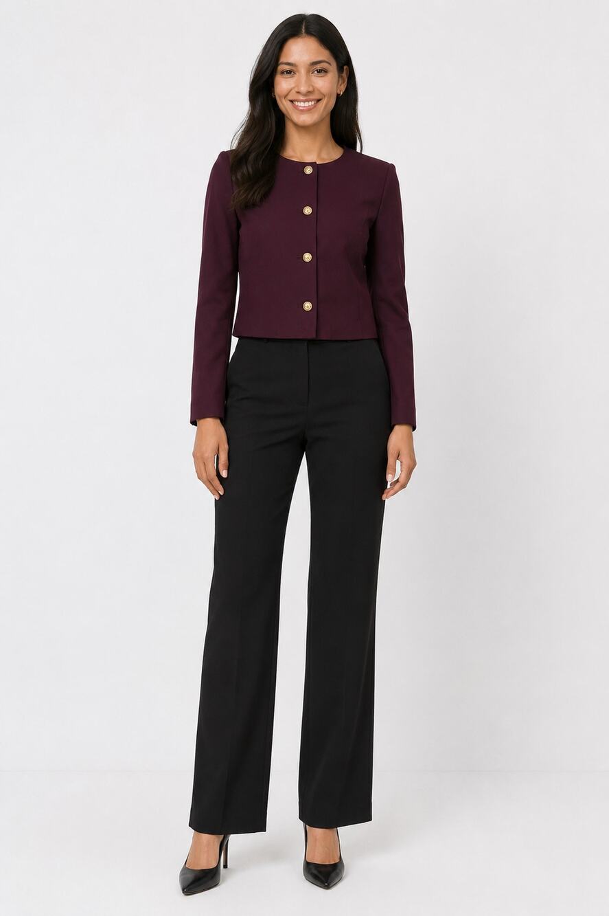 Ann Taylor Cropped Crew Neck Button Up Ponte Jacket Burgundy Womens Size 4 New